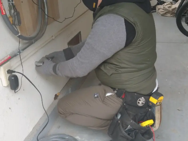 Electrician performing outlet wiring in a Wallkill garage